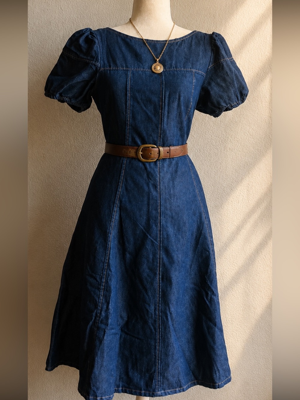 Dazy Dark Wash Denim Puff Sleeve Midi Dress 90s Vintage Inspired